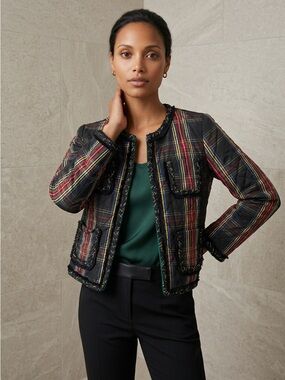 J. Crew Black Multi Plaid Quilted Fringe-Trim Blazer